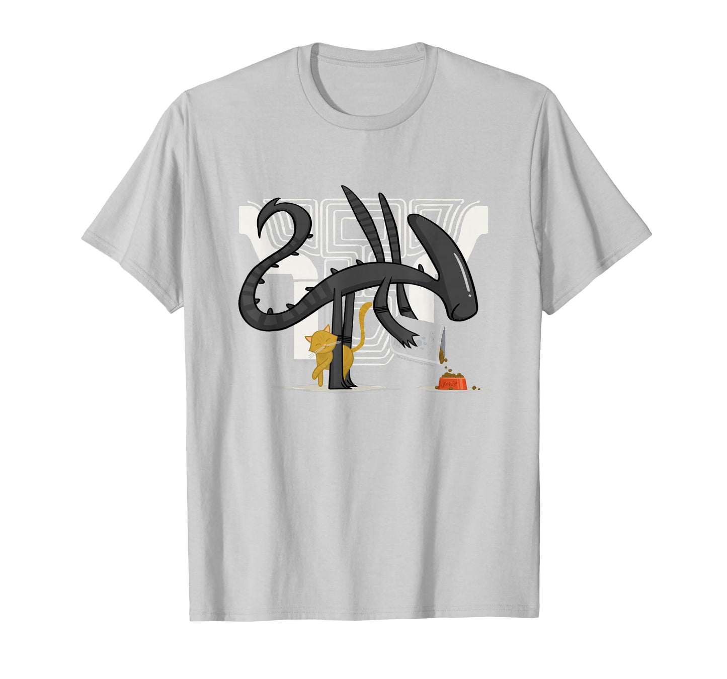 Aliens Cute Animated Xenomorph Feeding Cat Big Chest Logo T-Shirt