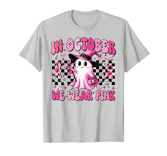 in October We Wear Pink Breast Cancer Awareness Halloween T-Shirt