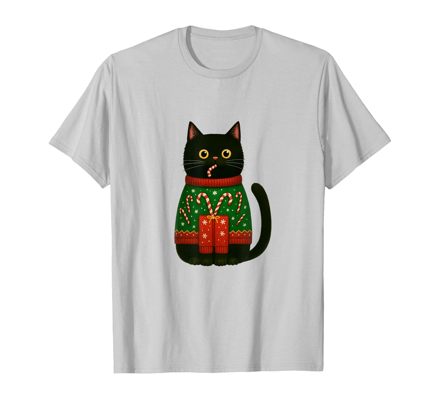 Black Cat Candy Cane Cozy Christmas Design T-Shirt