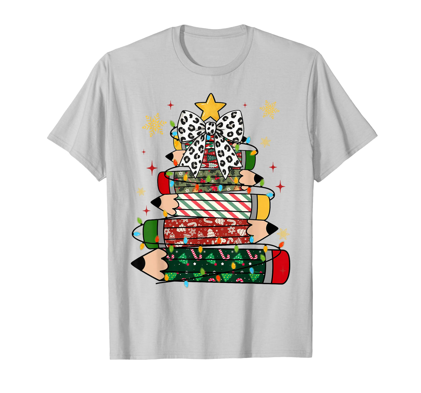 Teacher Christmas Tree Lights Pencil Leopard Print Cute Bow T-Shirt
