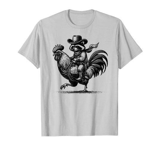 Funny Raccoon with Cowboy Hat & Boots Riding Rooster Vintage T-Shirt