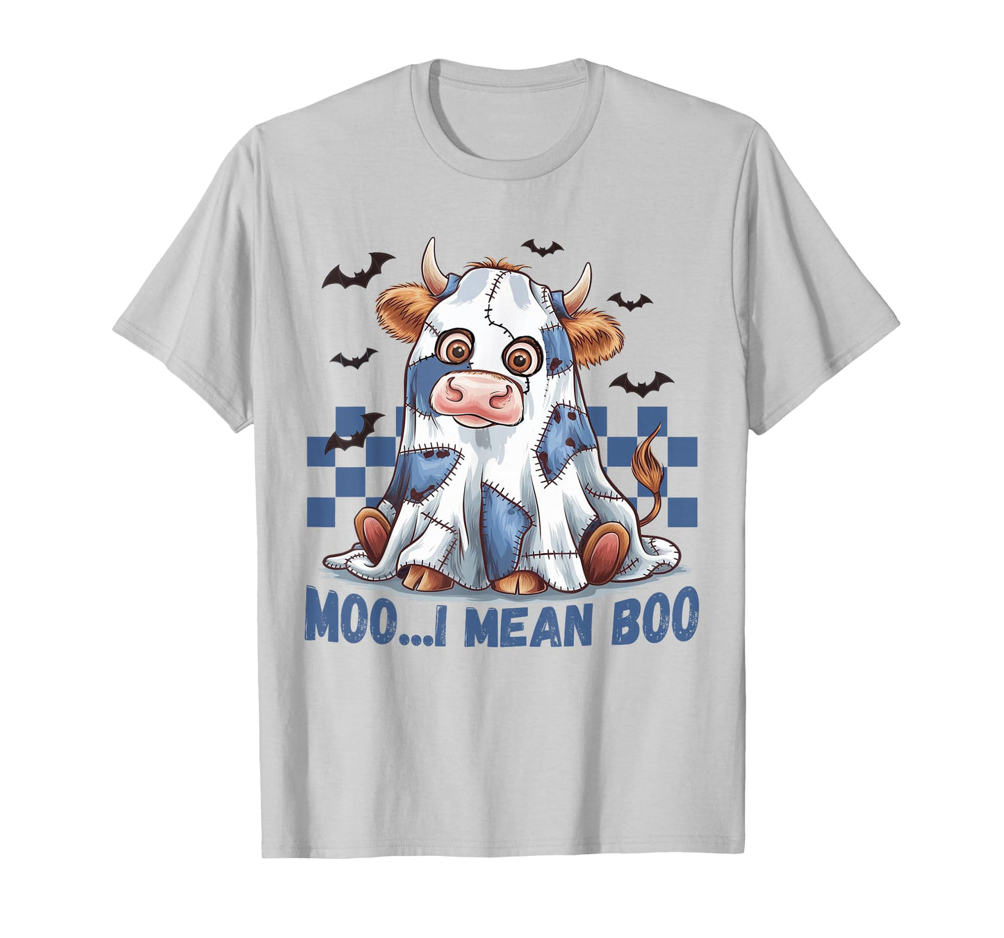 Moo I Mean Boo Halloween Highland Cow Ghost Patchwork Fall T-Shirt