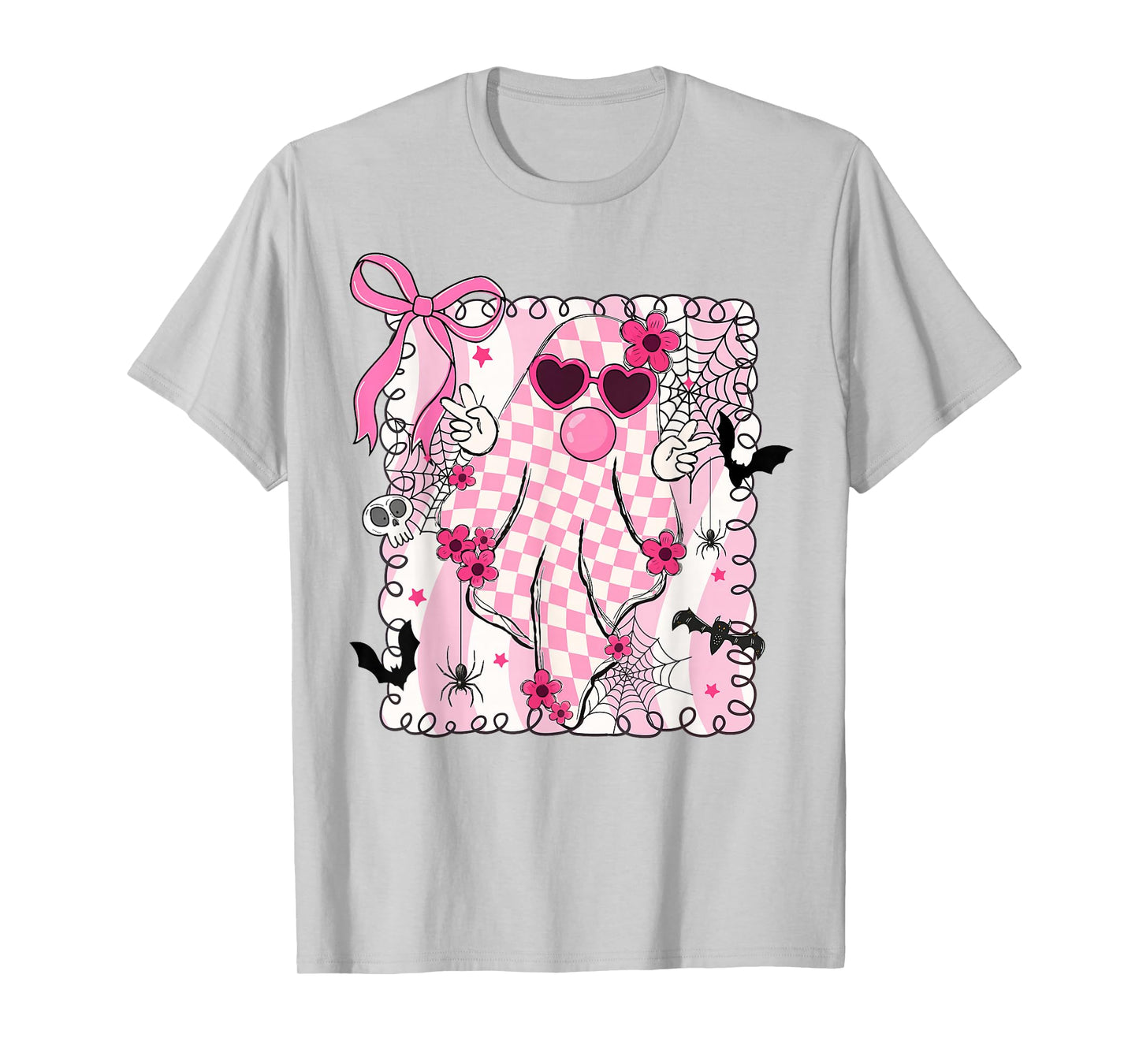 Cute Pink Ghost Blowing Bubble Gum Checkered Halloween T-Shirt