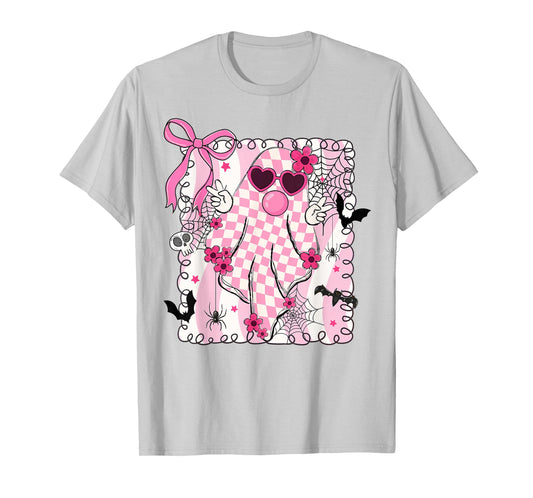 Cute Pink Ghost Blowing Bubble Gum Checkered Halloween T-Shirt