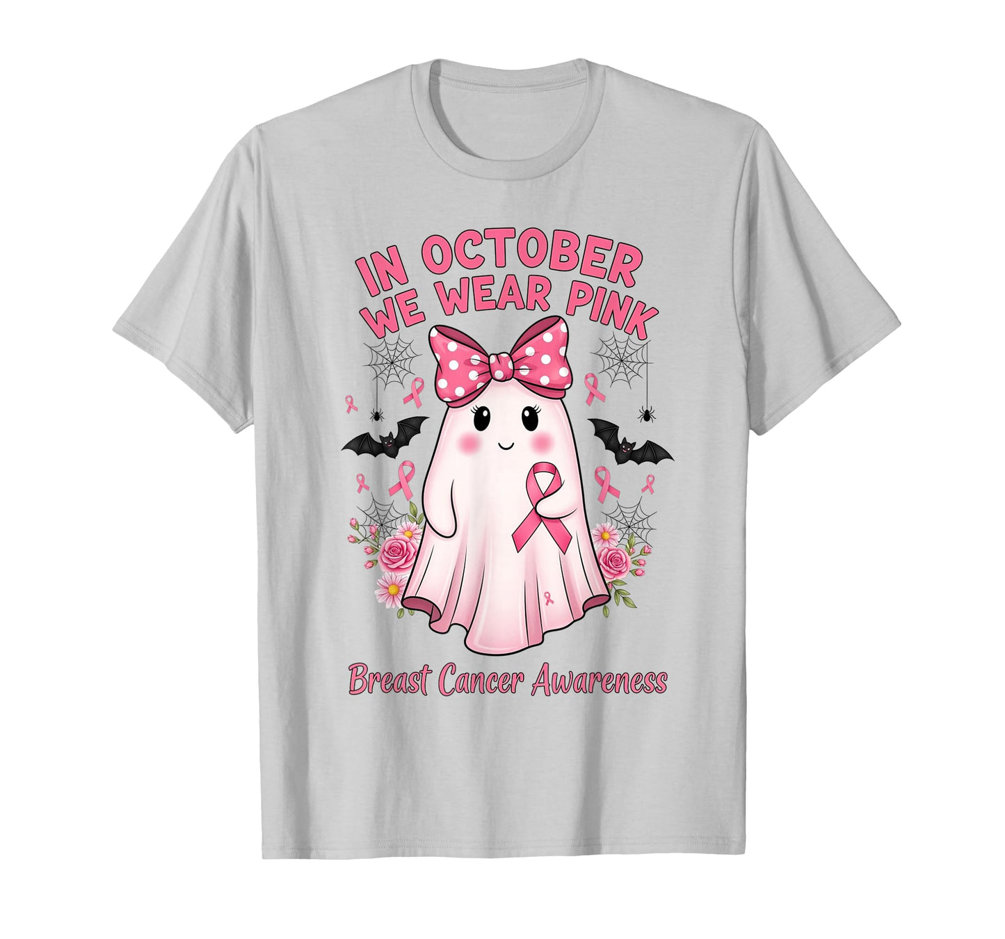 in October We Wear Pink Ghost with Bow Breast Cancer Support T-Shirt
