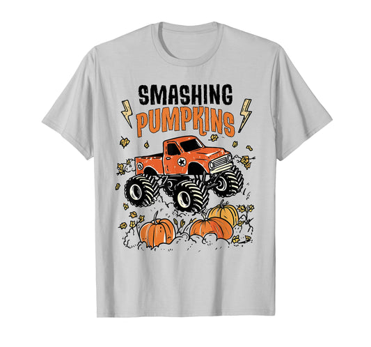 Retro Funny Monster Truck Smashing Pumpkin Boys Halloween T-Shirt