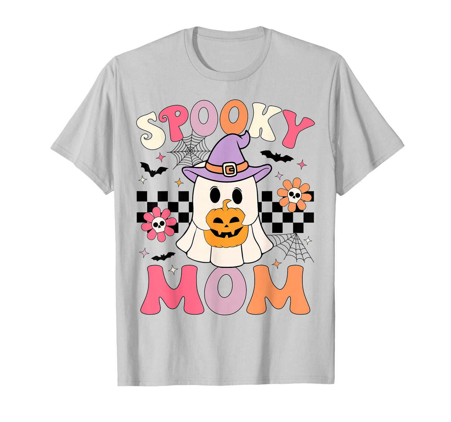 Groovy Spooky Mom Retro Ghost Holding Pumpkin Halloween T-Shirt