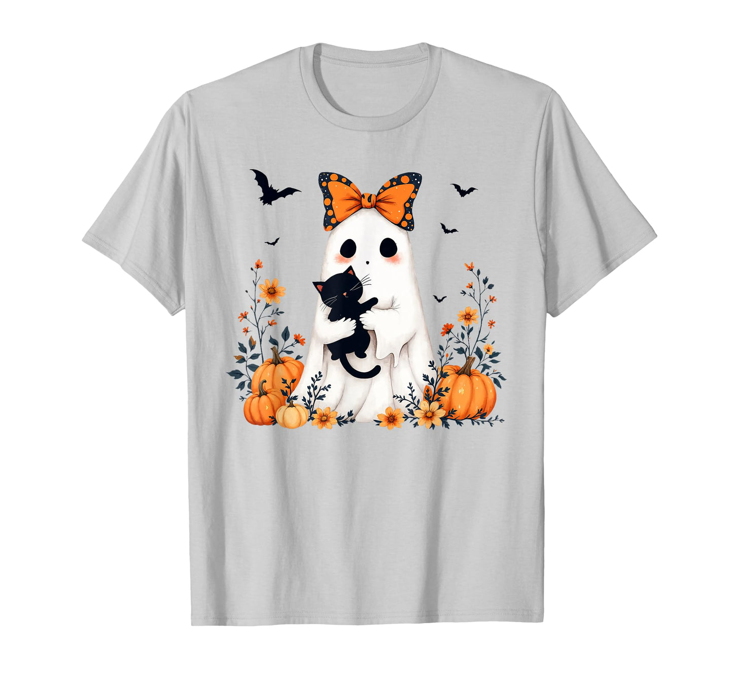 Ghost Holding Black Cat Halloween Pumpkin Floral Cat Lovers T-Shirt