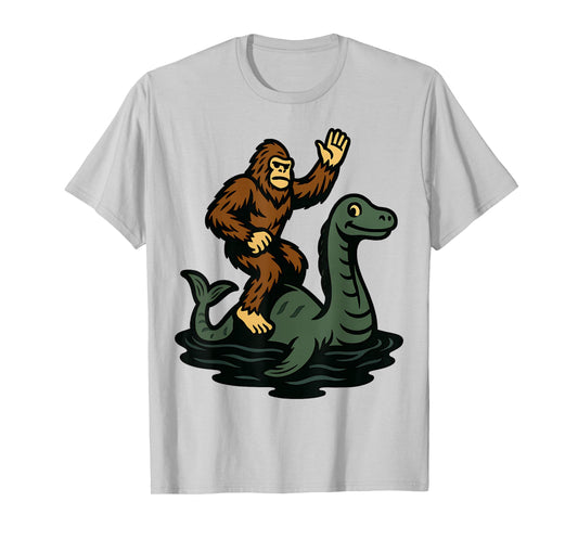 Bigfoot Riding Loch Ness Monster Funny Sasquatch T-Shirt