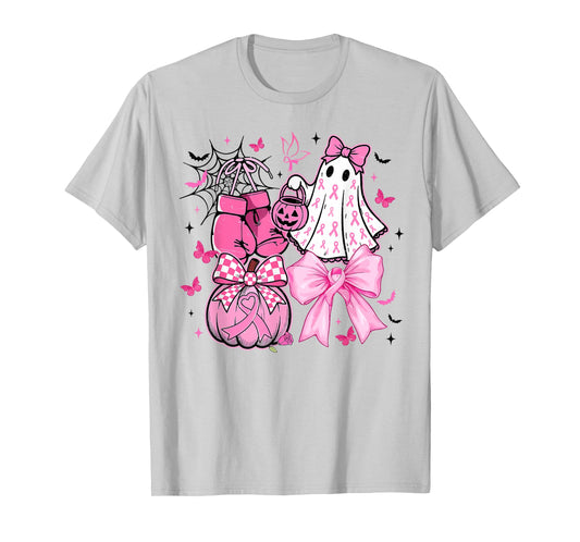 in October We Wear Pink Coquette Bow Ghost Breast Cancer T-Shirt