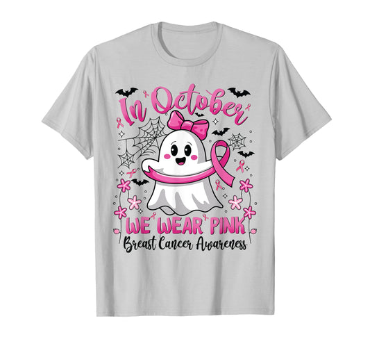 In October We Wear Pink Ghost Witch Breast Cancer Awareness T-Shirt