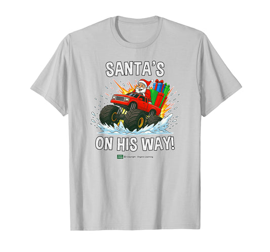 Santa’s On His Way! Fun Red Monster Truck Christmas T-Shirt