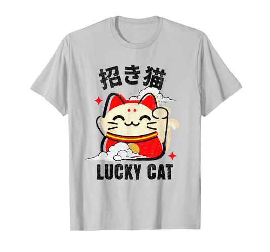 Kawaii Lucky Cat Doll Japanese Kanji Lucky Cat Maneki Neko T-Shirt