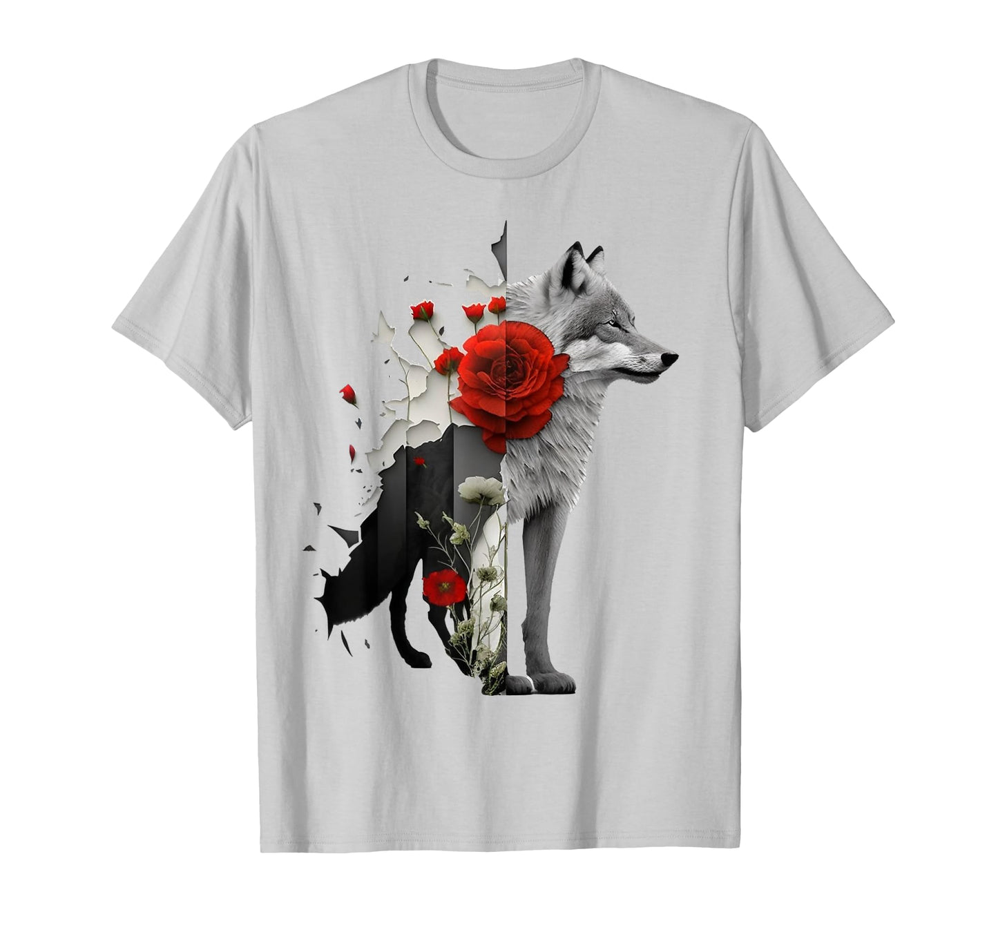 Wolf Rose Flower Animal Motif Art Animal Print Art T-Shirt