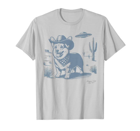 Vintage Funny 90s Western Cowboy Corgi Ufo T-Shirt