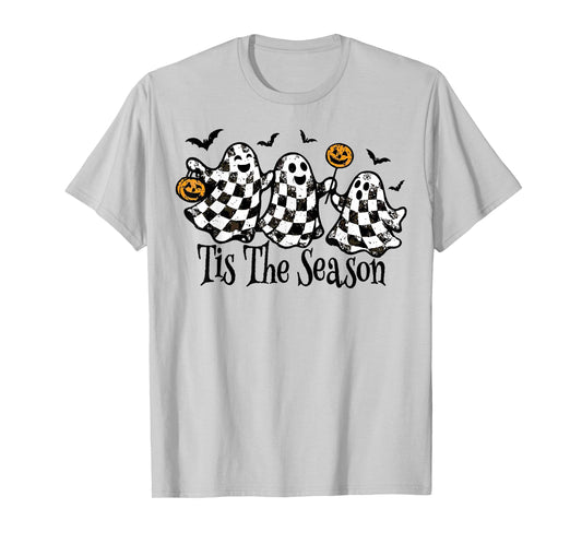Retro Ghosts Tis The Season Checkered Halloween Cute T-Shirt