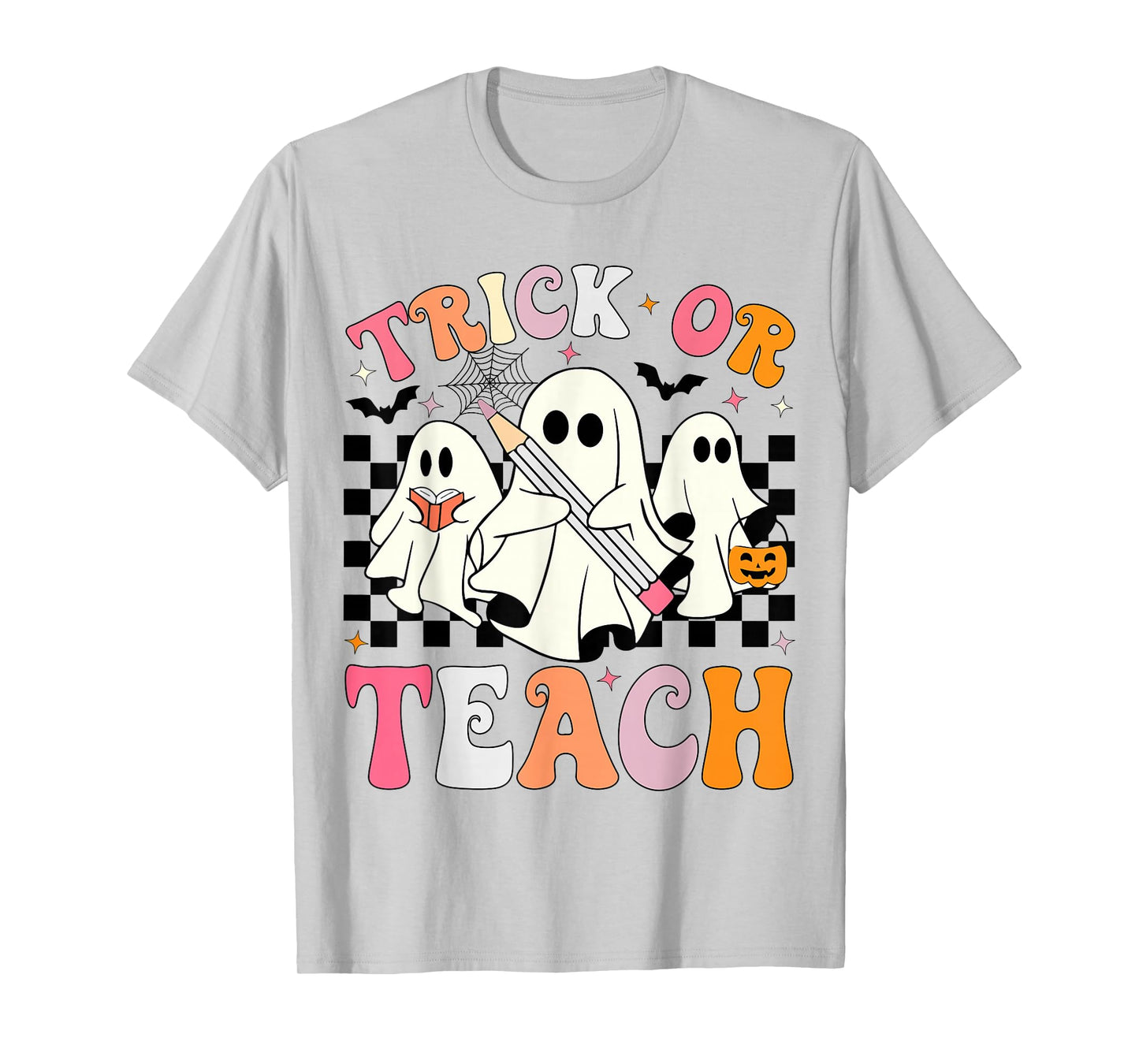 Trick or Teach Groovy Halloween Teacher Ghosts Retro Teacher T-Shirt
