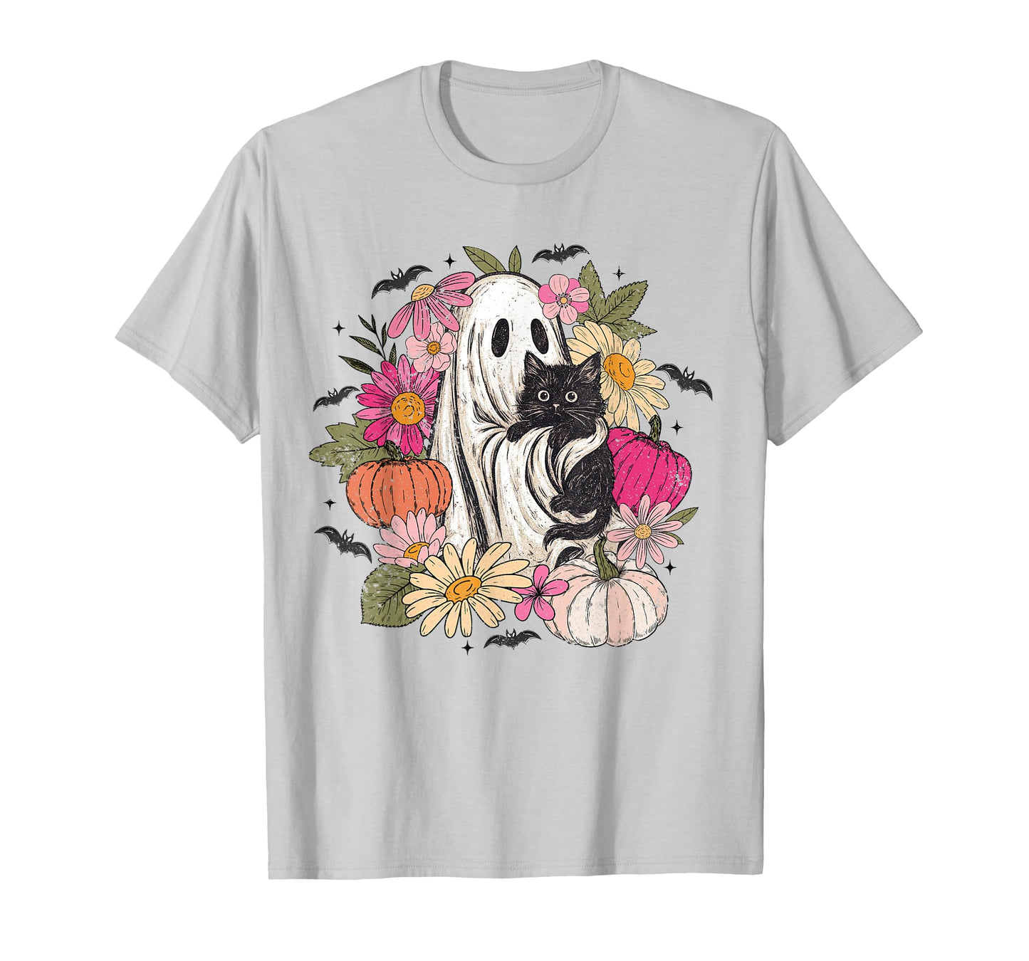 Vintage Halloween Ghost Holding Black Cat Groovy Floral T-Shirt