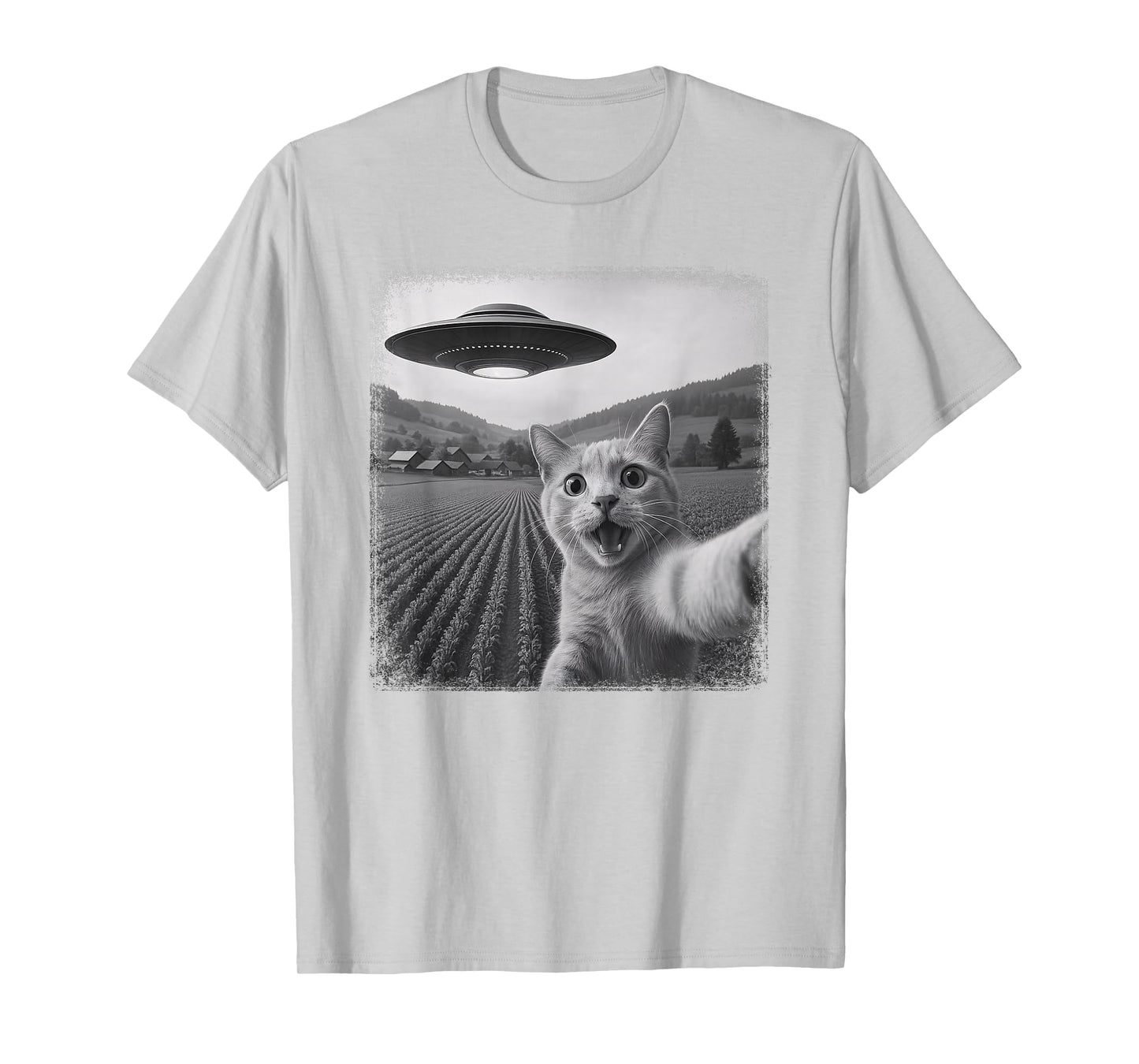 UFO Distressed Orange Tabby Cat Selfie with Invasion Alien T-Shirt