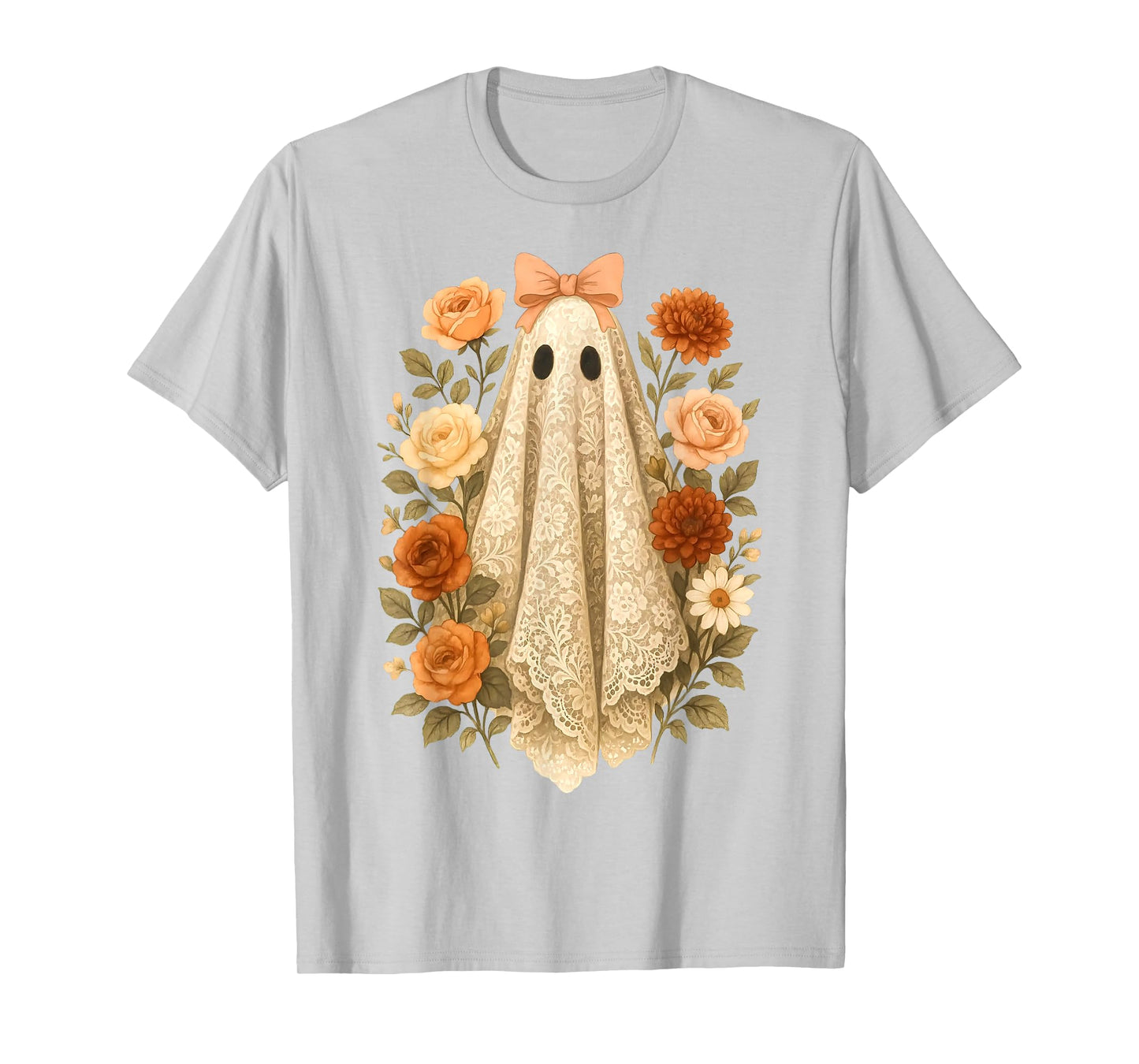 Coquette Ghost Halloween Flower Ghost Spooky Lace Ghost T-Shirt