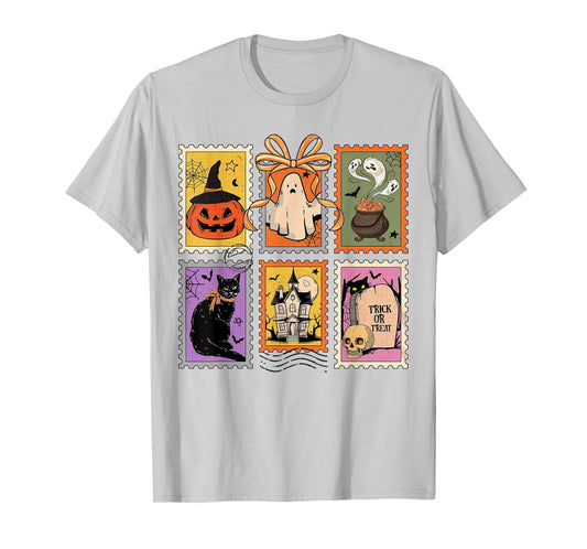 Retro Halloween Stamp Icons Funny Halloween Cat Ghost Stamp T-Shirt