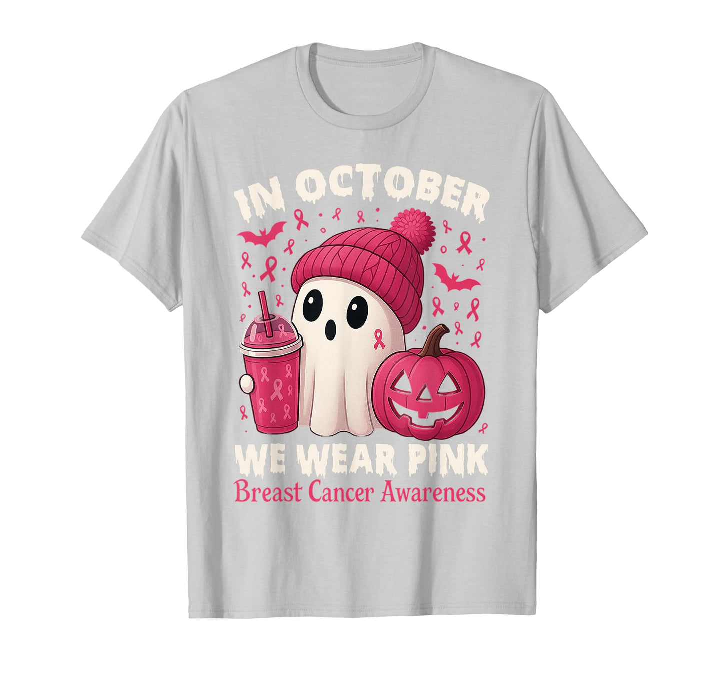Breast Cancer Ghost Halloween Women in October We Wear Pink T-Shirt