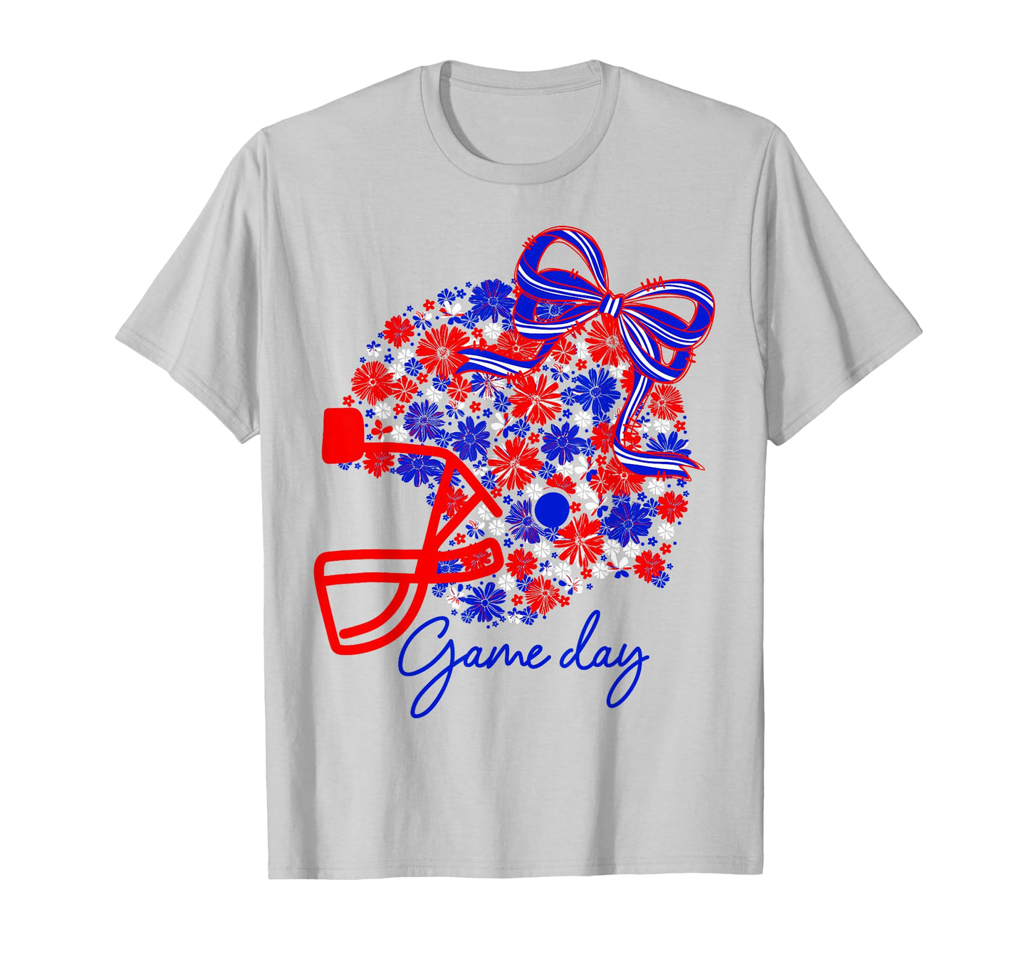 Floral Football Game Day Girly Team Spirit Blue Red & White T-Shirt