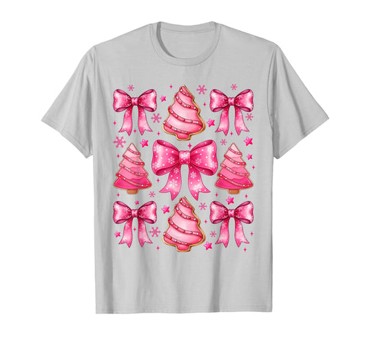 Pink Christmas Tree Shirt Cute Xmas Bow Women Girls T-Shirt