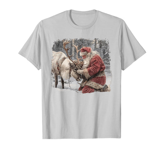 Vintage Santa Claus Santa and Reindeer Christmas Holiday Kid T-Shirt