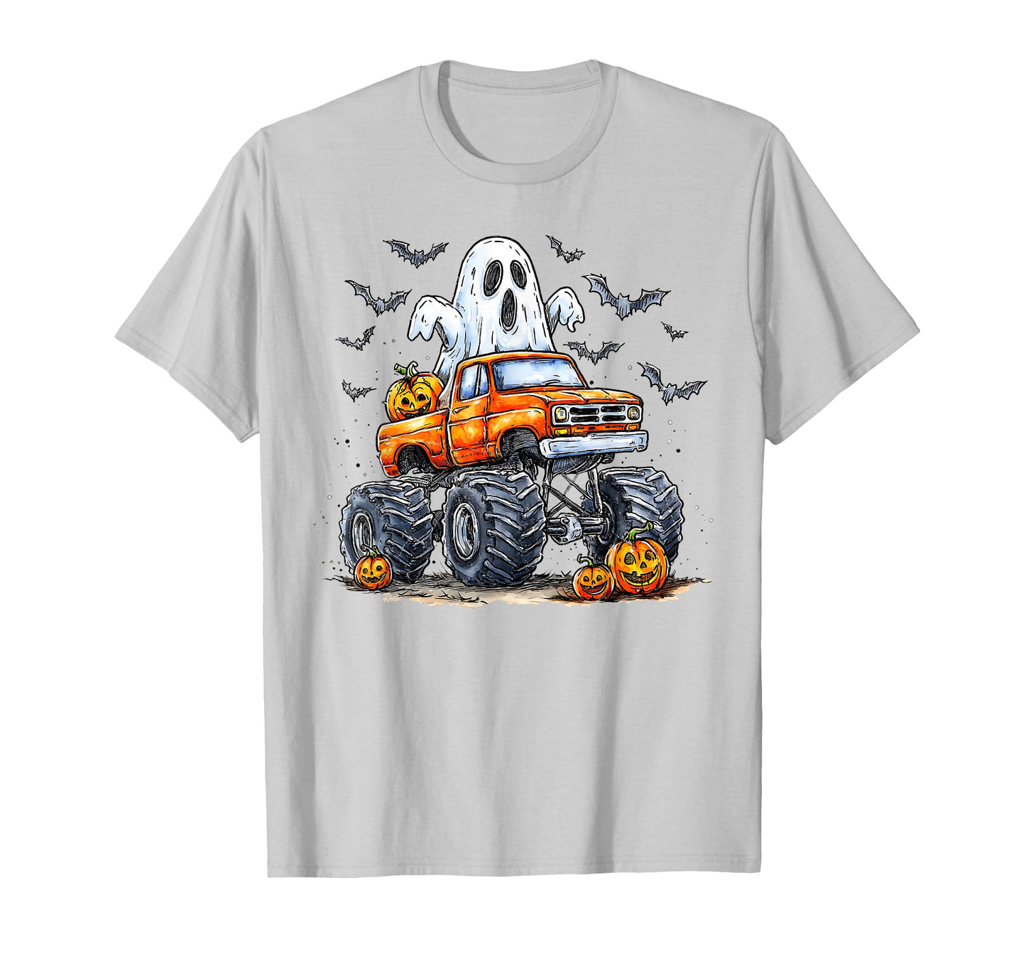 Ghost Pumpkin Riding Monster Truck Lazy Halloween Kids Boys T-Shirt