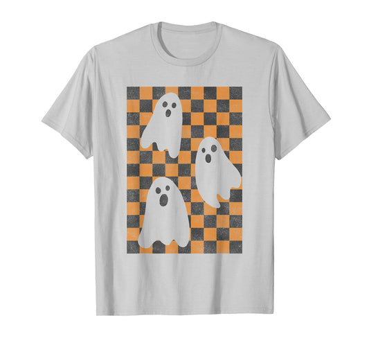Halloween Ghosts Spooky Season Checker Board Distressed T-Shirt