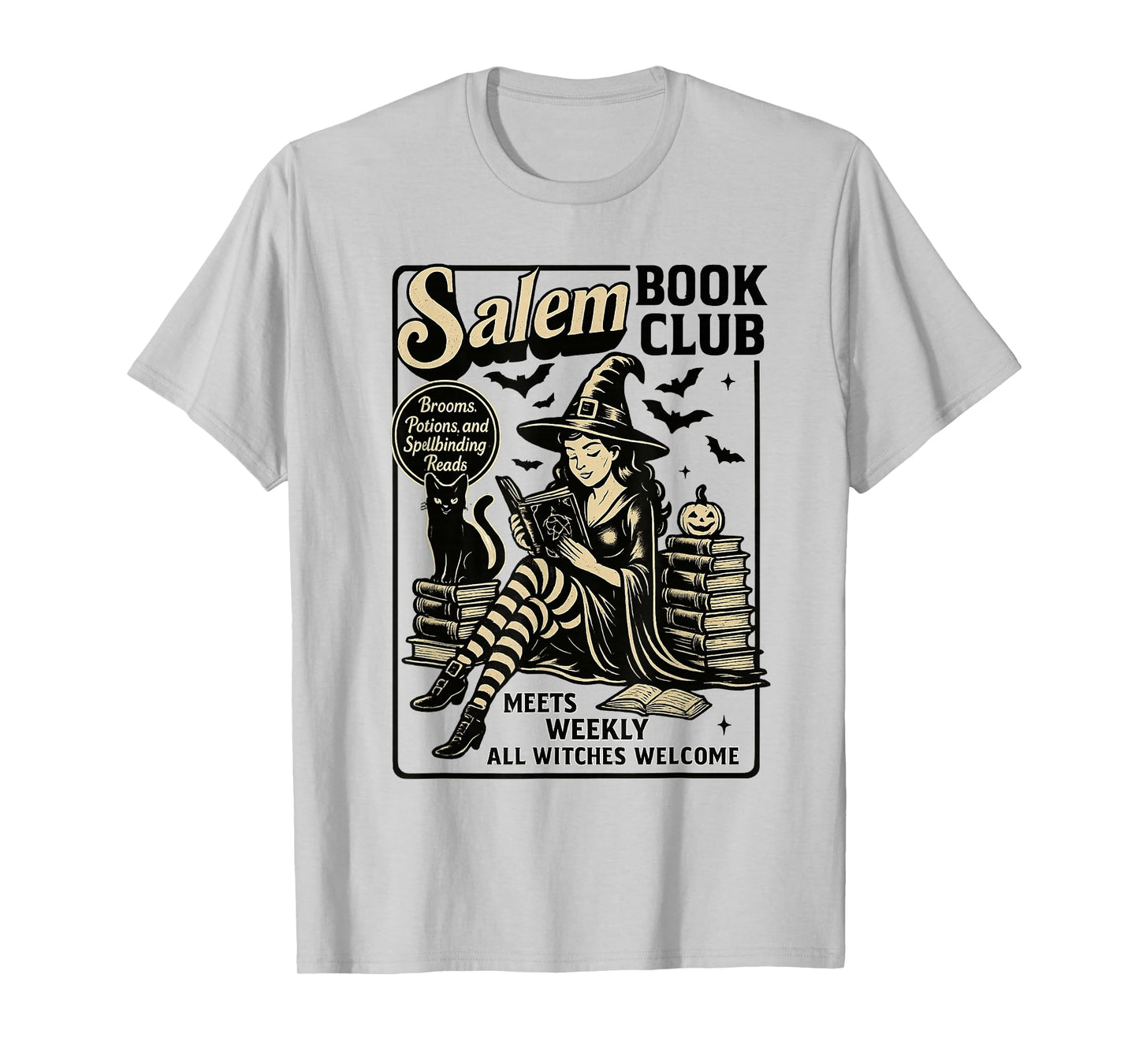 Vintage Salem Book Club Black Cat Bookish Spooky Halloween T-Shirt