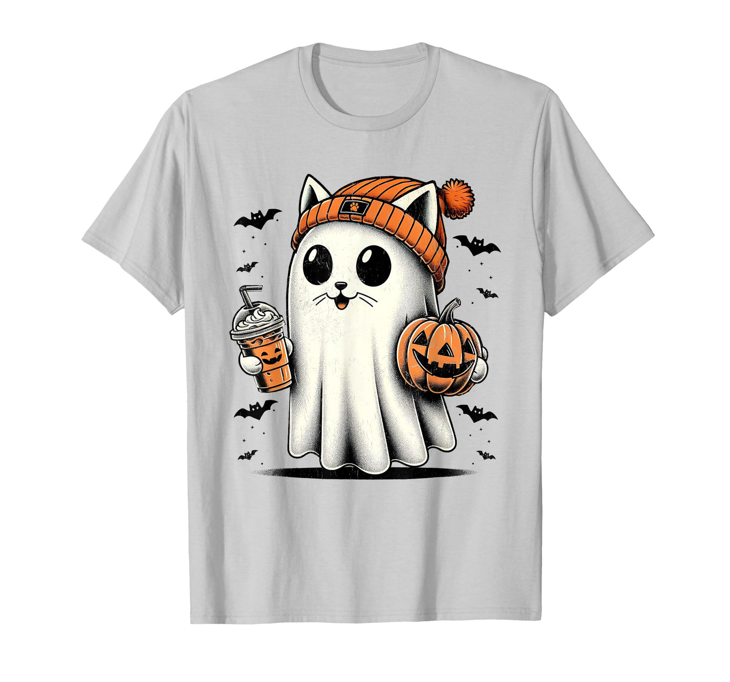 Cute Cat Ghost Iced Coffee Funny Ghost Halloween Ice Coffee T-Shirt for Men Women Kids