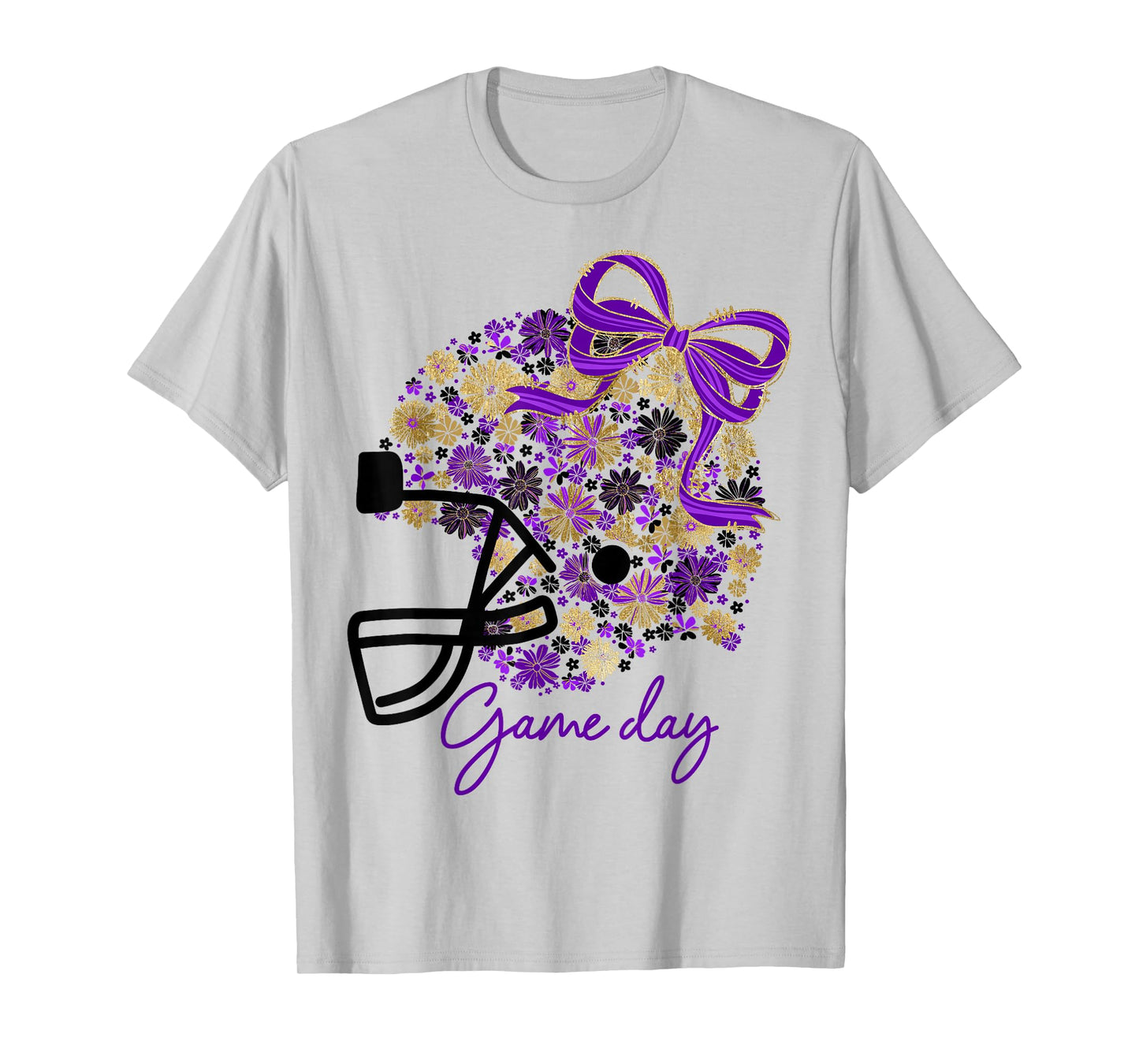 Floral Football Game Day Girly Team Spirit Purple Black Gold T-Shirt