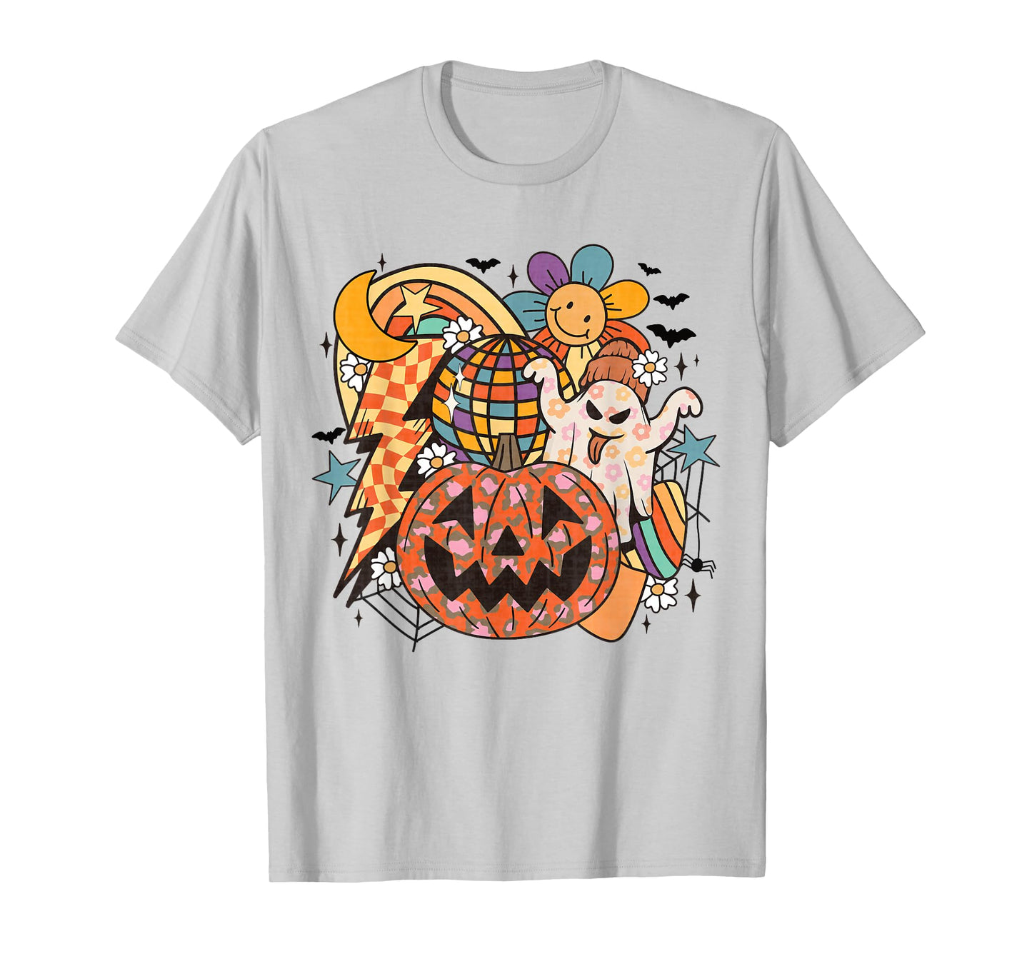Retro Halloween Ghost Disco Pumpkin Daisy Rainbow Groovy Fun T-Shirt