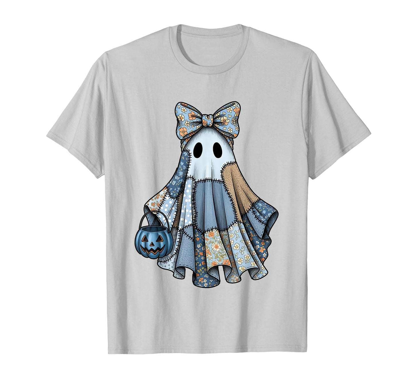 Girly Halloween Blue Denim Ghost Spooky Season Coquette Bow T-Shirt