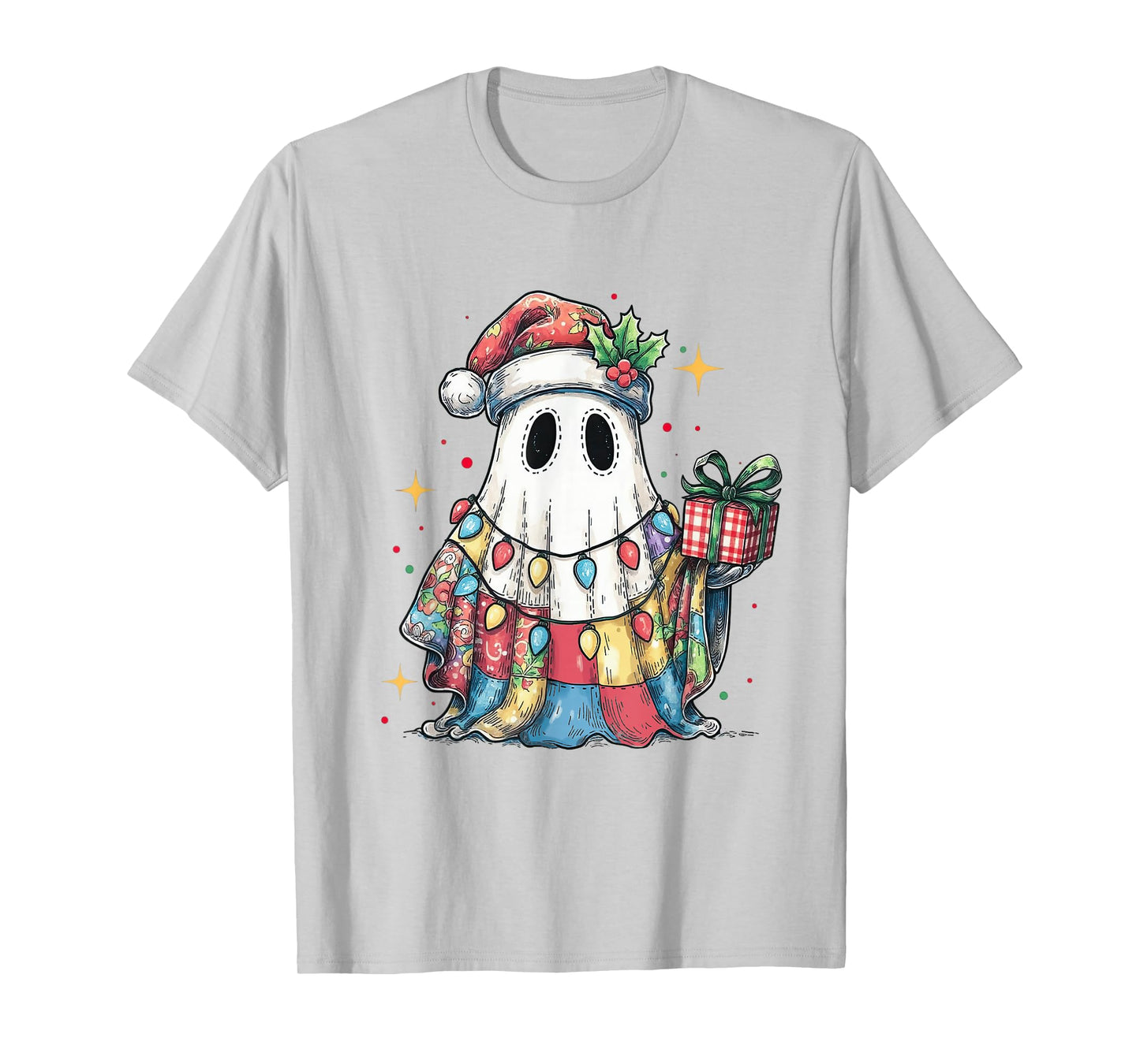 Santa Ghost Spooky Christmas Light Patchwork Matching Family T-Shirt