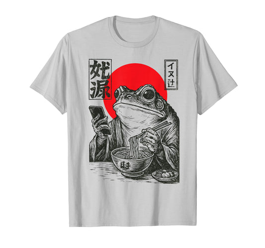 Funny Grumpy Frog Eat Ramen and Scroll Phone Japanese Art T-Shirt