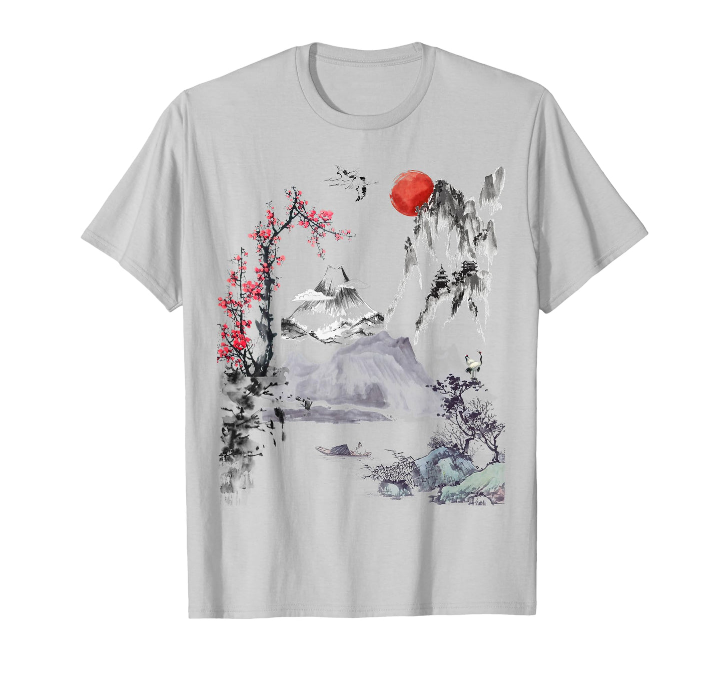 Japanese Art Tree Red Moon with Birds Flying in Background T-Shirt