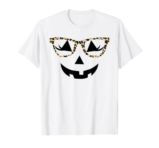 Jack o Lantern Women Face Leopard Glasses Halloween Pumpkin T-Shirt