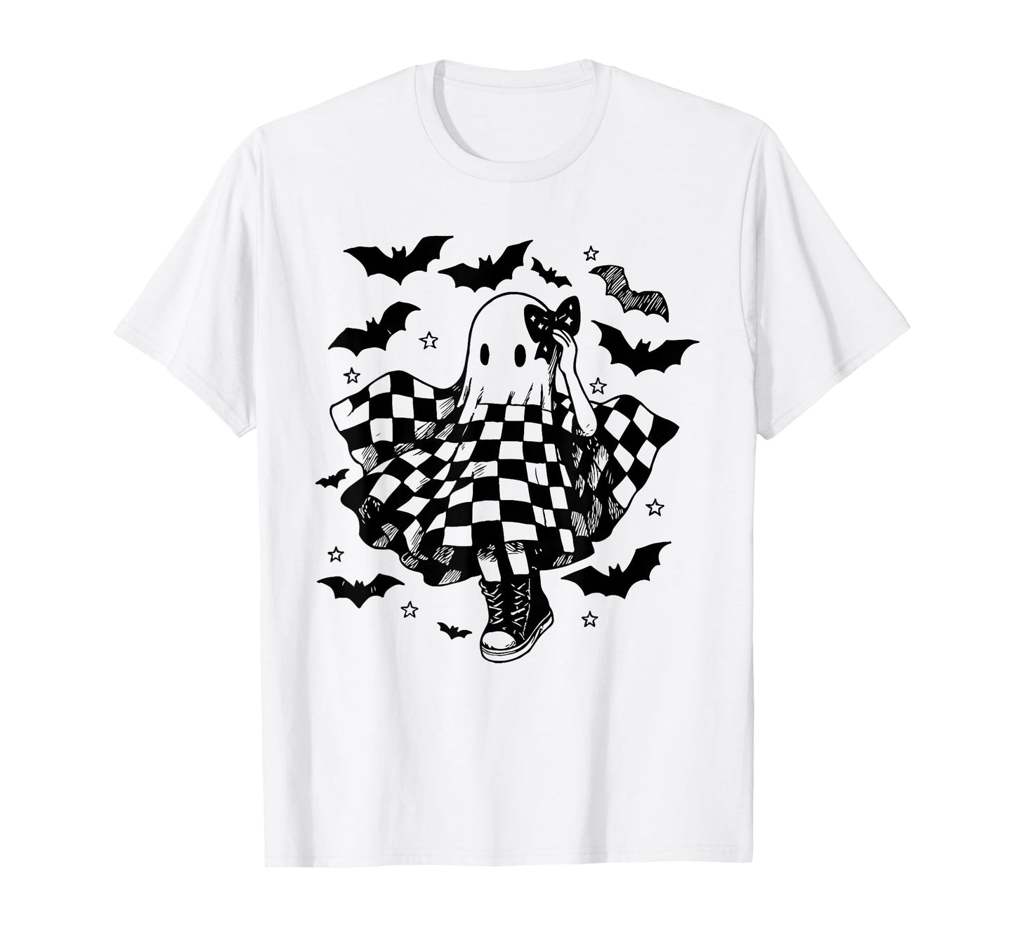 Retro Halloween Checkered Ghost Dance Coquette Bow Womens T-Shirt