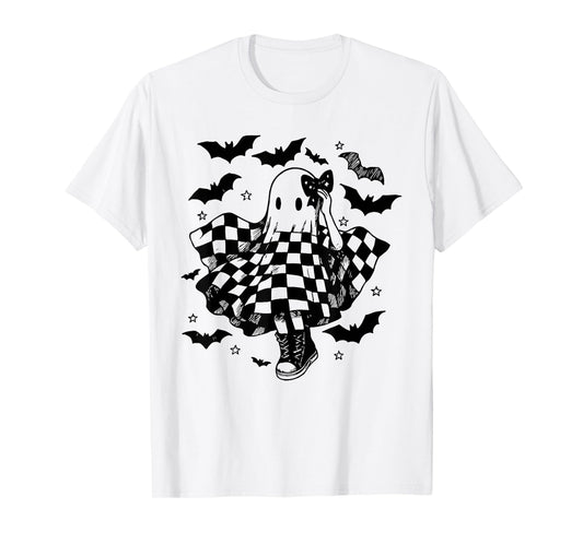 Retro Halloween Checkered Ghost Dance Coquette Bow Womens T-Shirt