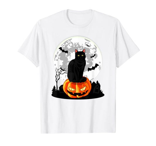 Black Cat On Pumpkin - Full Moon Halloween Costume T-Shirt