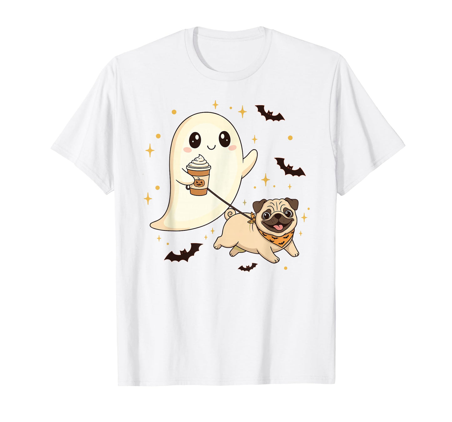 Cute Ghost Walking Dog Pug Coffee Halloween Costume T-Shirt