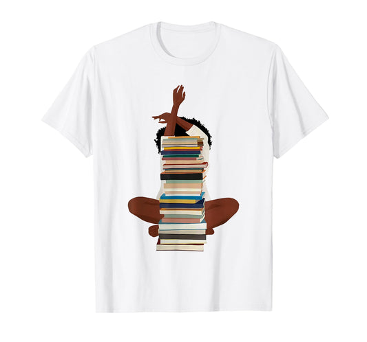 Black Woman and Books Stack - Afro Girl Reading Lover T-Shirt
