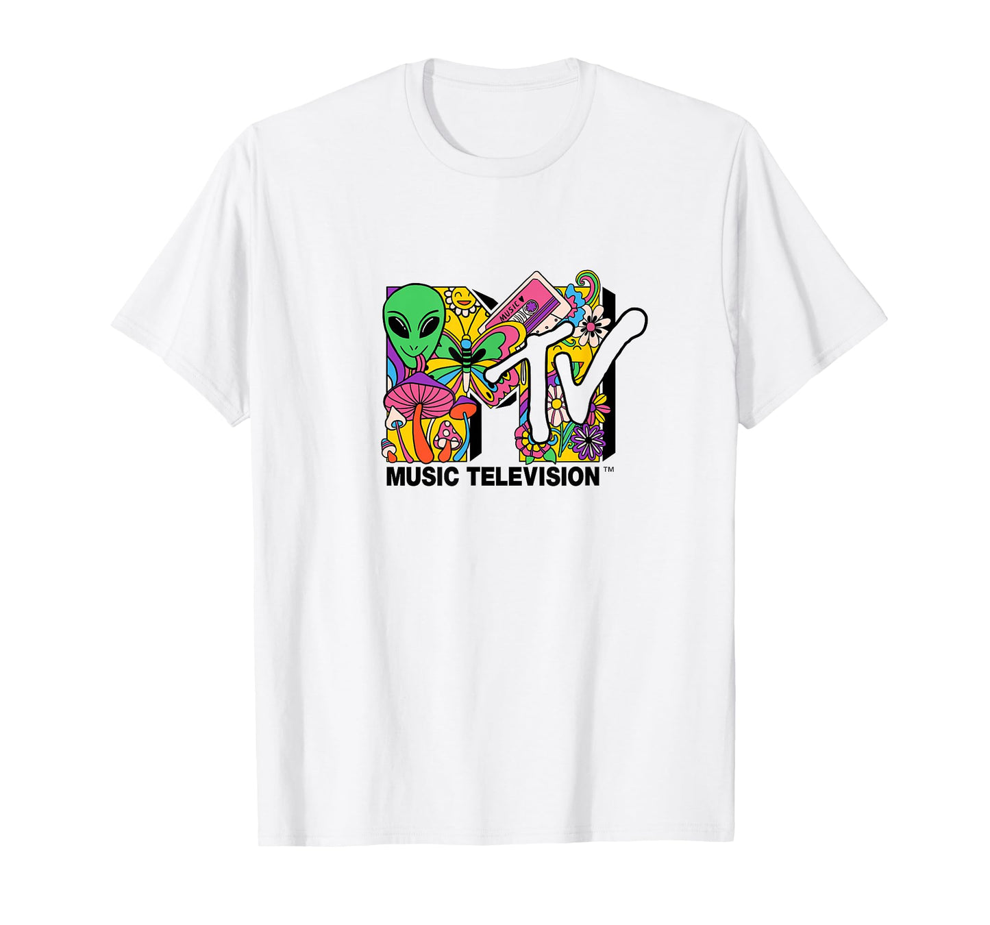 Mademark x MTV - The official MTV Logo with mushrooms aliens and flowers T-Shirt