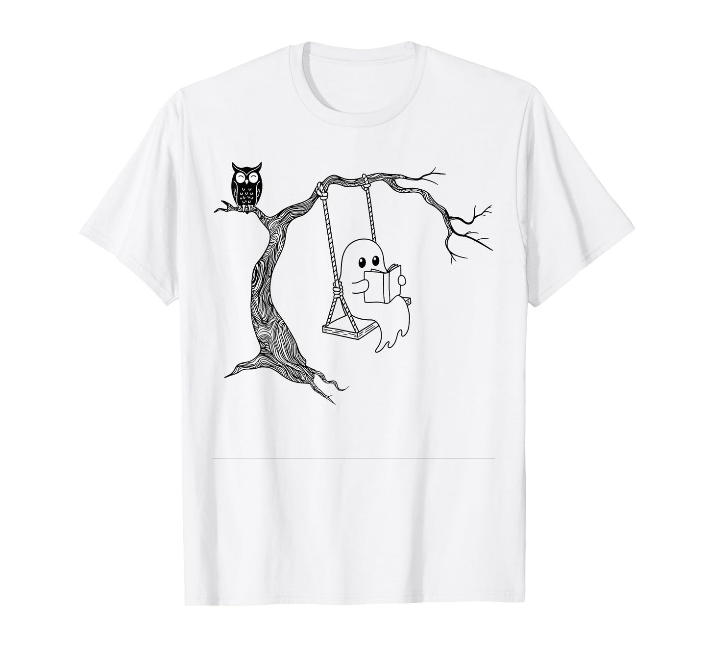 Cute Ghost Swinging Reading Book Halloween line Art T-Shirt