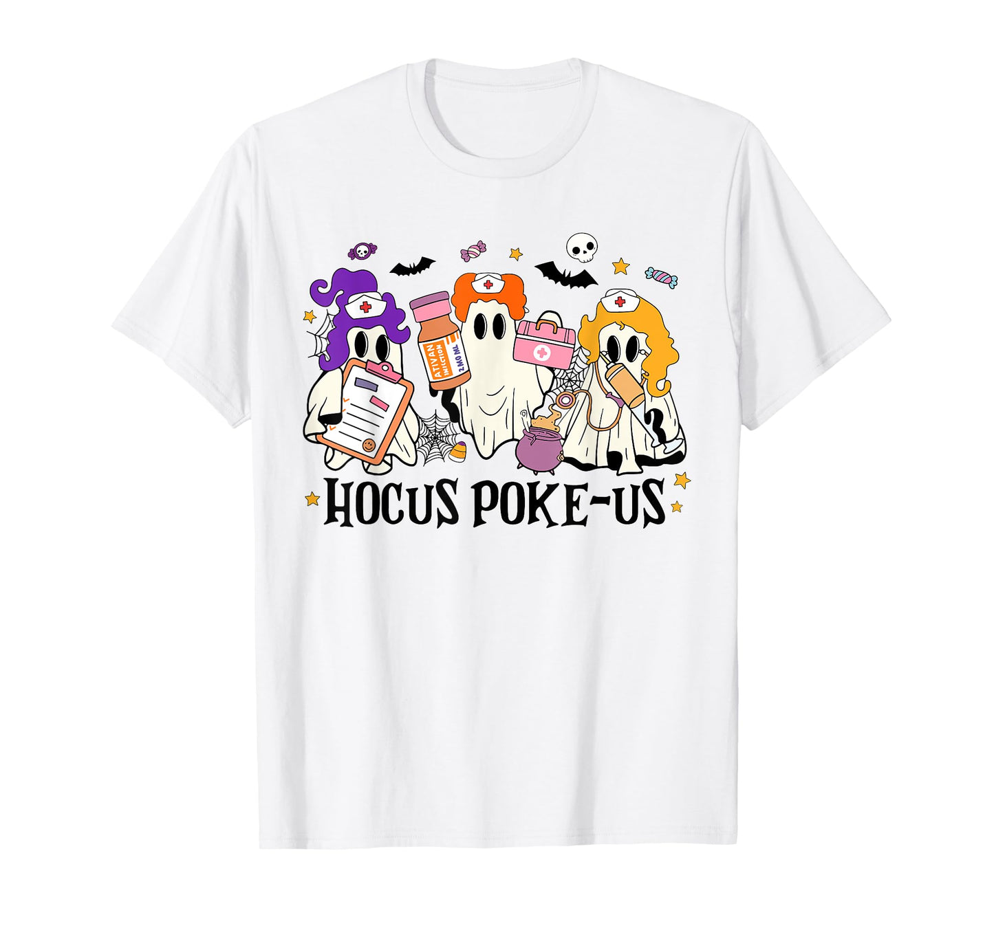 Retro Funny Hocus Poke-us Spooky Nurse Halloween Cute Ghost T-Shirt