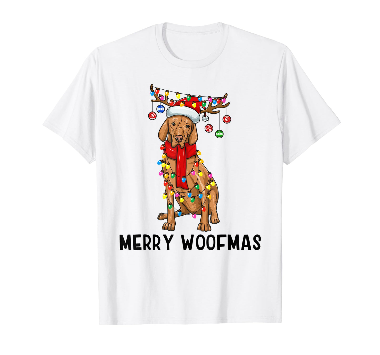 Christmas Vizsla Dog Holiday Lights Merry Woofmas T-Shirt