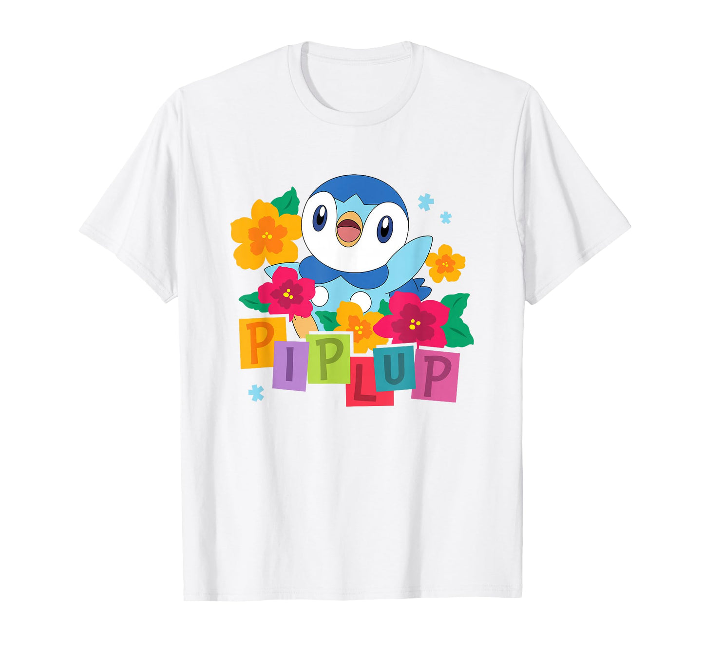 Pokémon Cute Happy Piplup Big Chest Colorful Floral Poster T-Shirt